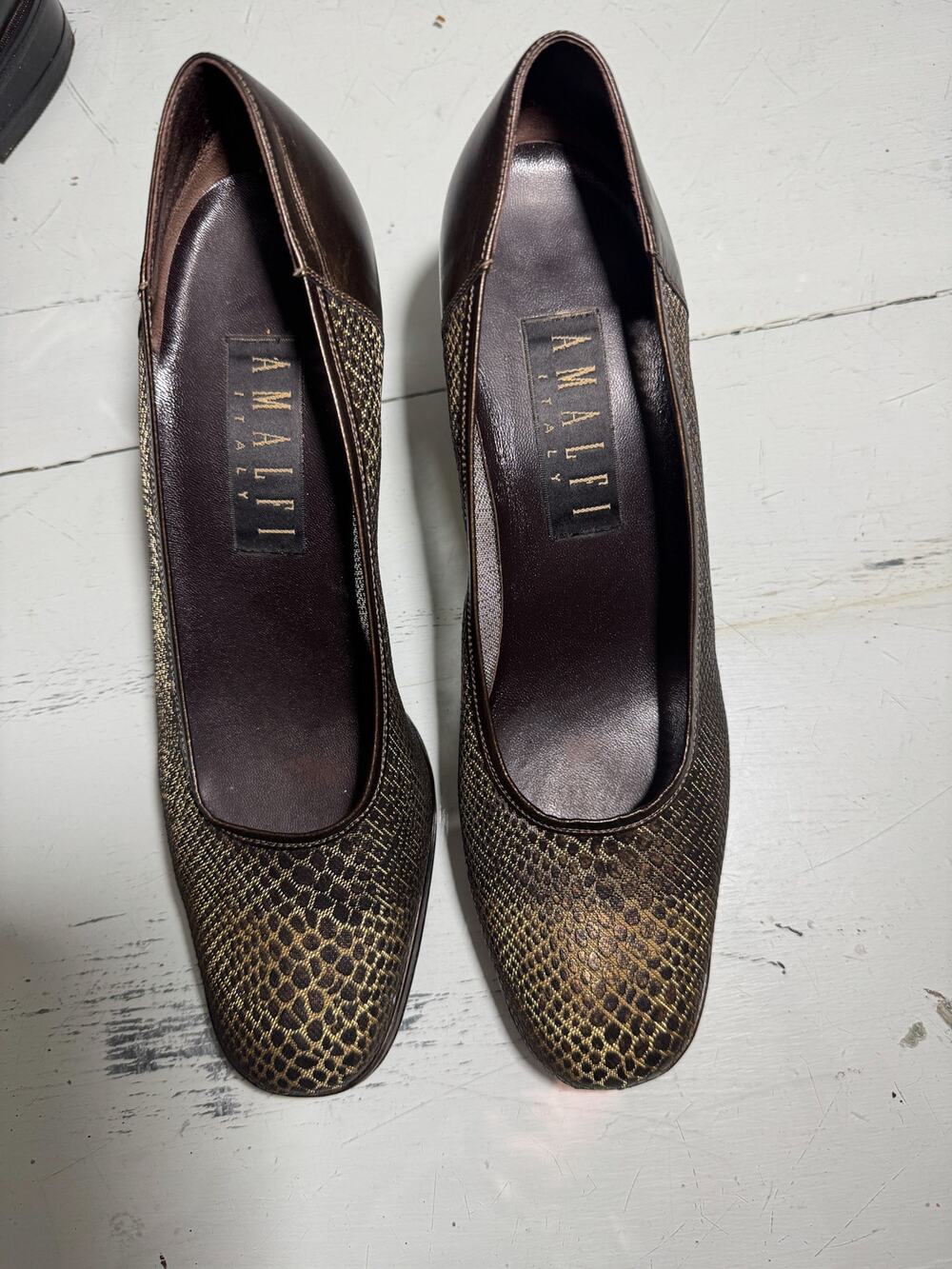 Vintage Amalfi Italy Metallic Snakeskin Leather Pumps Size 9 AA Bronze Gold